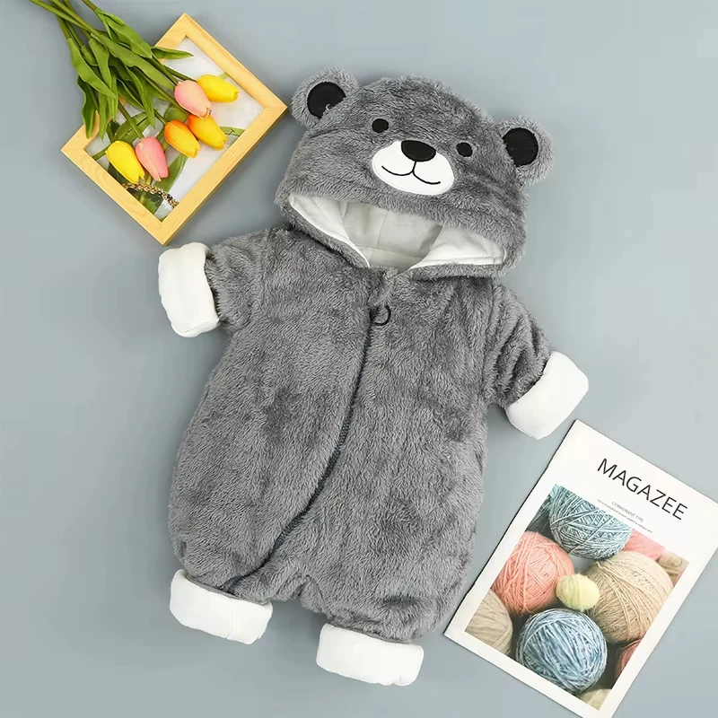 2026 Winter Neugeborene Fleece-Samt-Strampler Overalls Kleidung für Säuglinge Jungen Mädchen Cartoon Bärenohren Verdickte Warme Reine Mäntel 0-3 Jahre – Detail 3