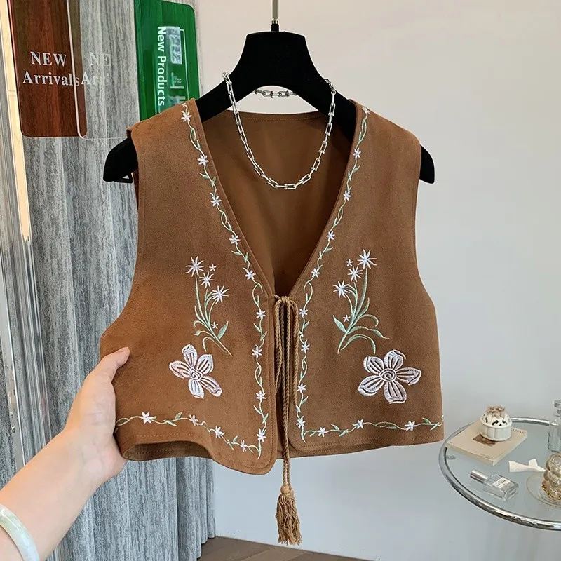 보헤미안 자수 조끼 여행 사진 촬영 레이어링 탑 스커트 봄 시즌 얇은 소재 민소매 루즈핏 폴리에스터 섬유