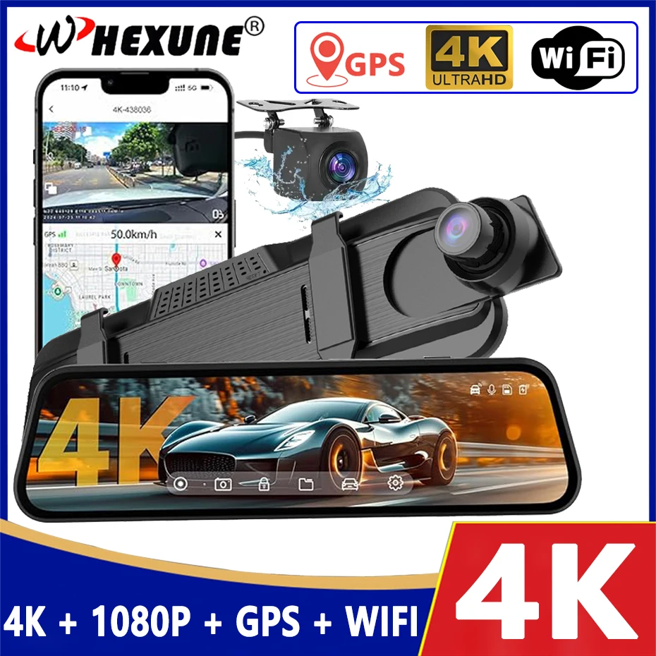 

4K WiFi Dash Cam for Car DVR Camera Dual Lens Rear View Mirror Video Recorder With GPS WDR Night Vision 24H Parking Monitoring