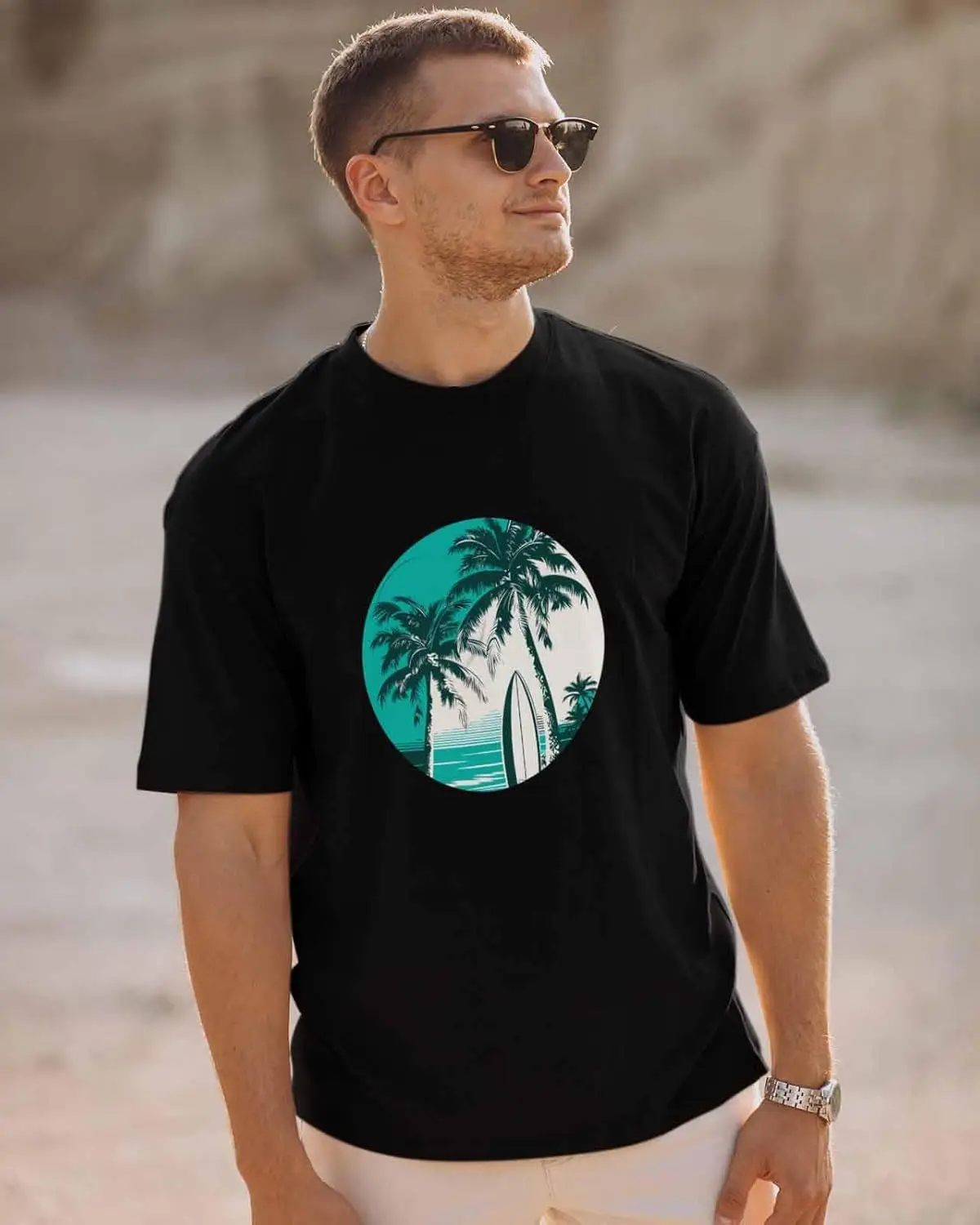 Men's T-Shirt, Novelty Graphic T-Shirt Vintage Coconut Tree Surfboard Cotton Crew Neck Men's Short Sleeve Basic Tshirts Black-L