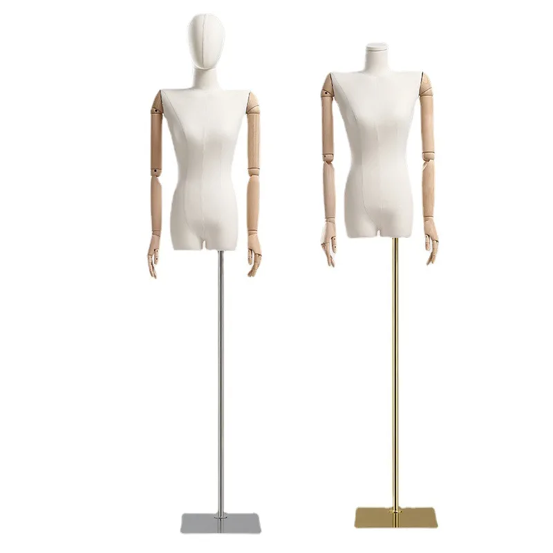 Fabric Cover Female Flat Shoulder Half Body Mannequin Torso Metal Base with Wood Arm for Clothing Display Adjustable Rack