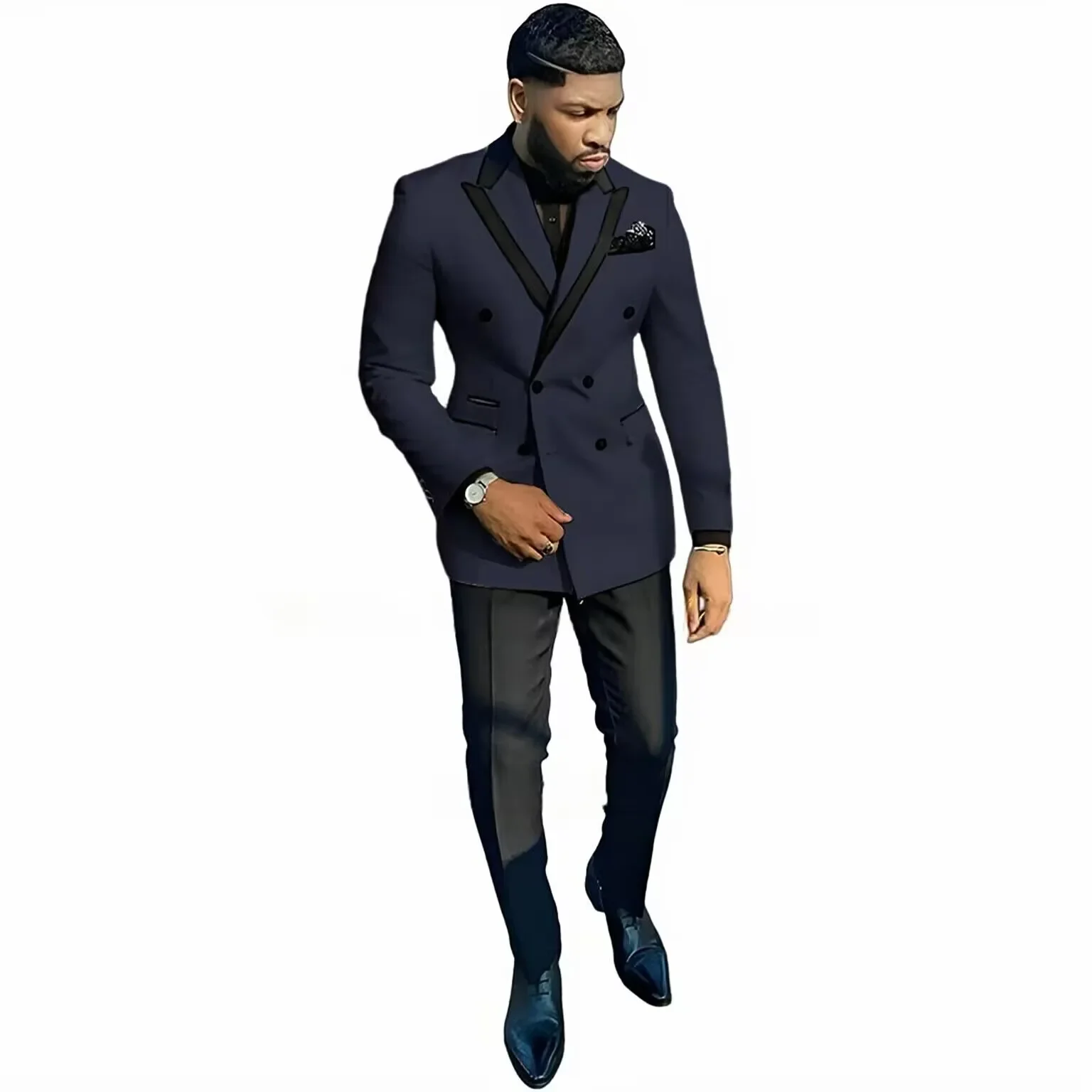 Traje de 2 piezas de boda a la moda para hombre (chaqueta + pantalones), solapa de satén, doble botonadura, esmoquin Formal eleg