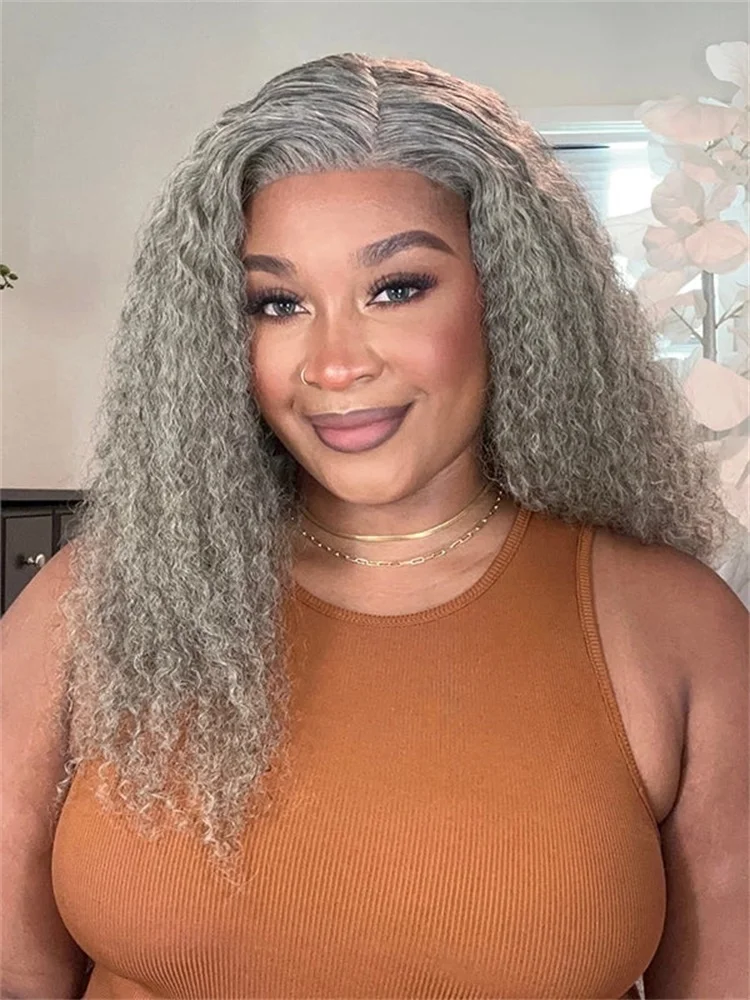 MEODI 13x4 Salt And Pepper Long Deep Curly Glueless Gray Color Pre-Cut Lace Wig Deep Wave Lace Frontal Wigs For Women Water Wave