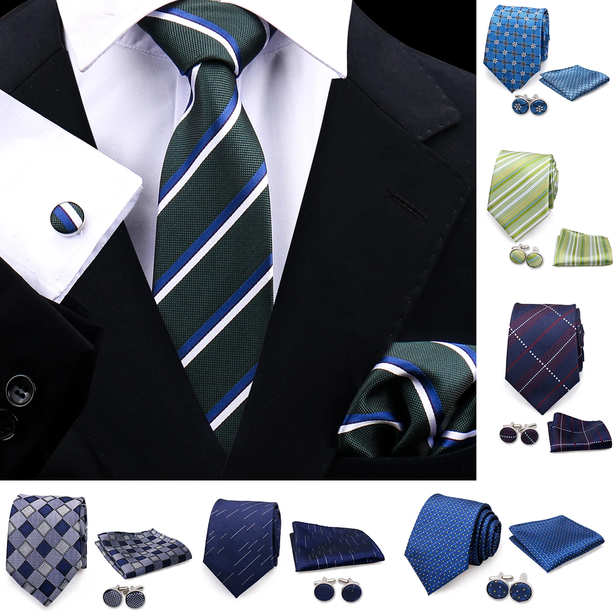 Top Quality Tie Set Gift Box Necktie Pocket Squares Cufflinks Tie-Clip Set With Black Box Men Birthday Gift Gravatas Accessories