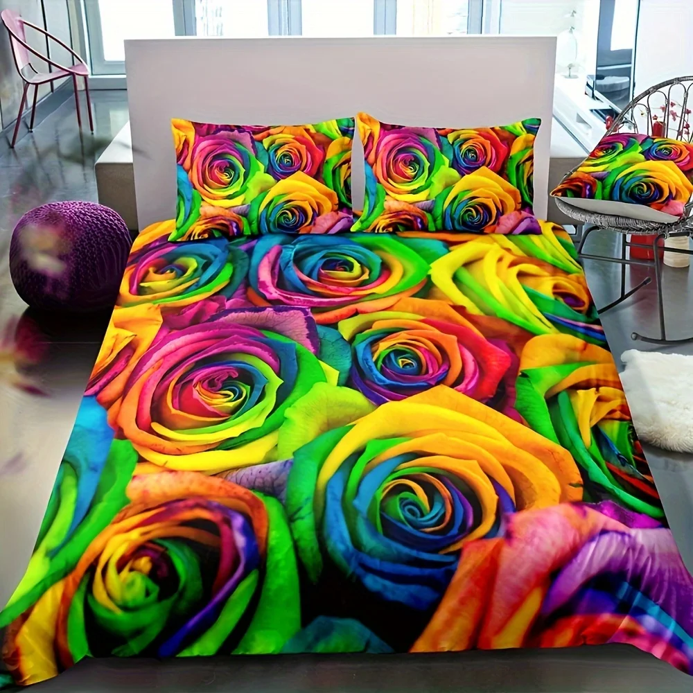 

3pcs Rainbow Rose Floral Bedding Set, Tie Dye Flower Bedroom Decor Duvet Cover Set, No Filler