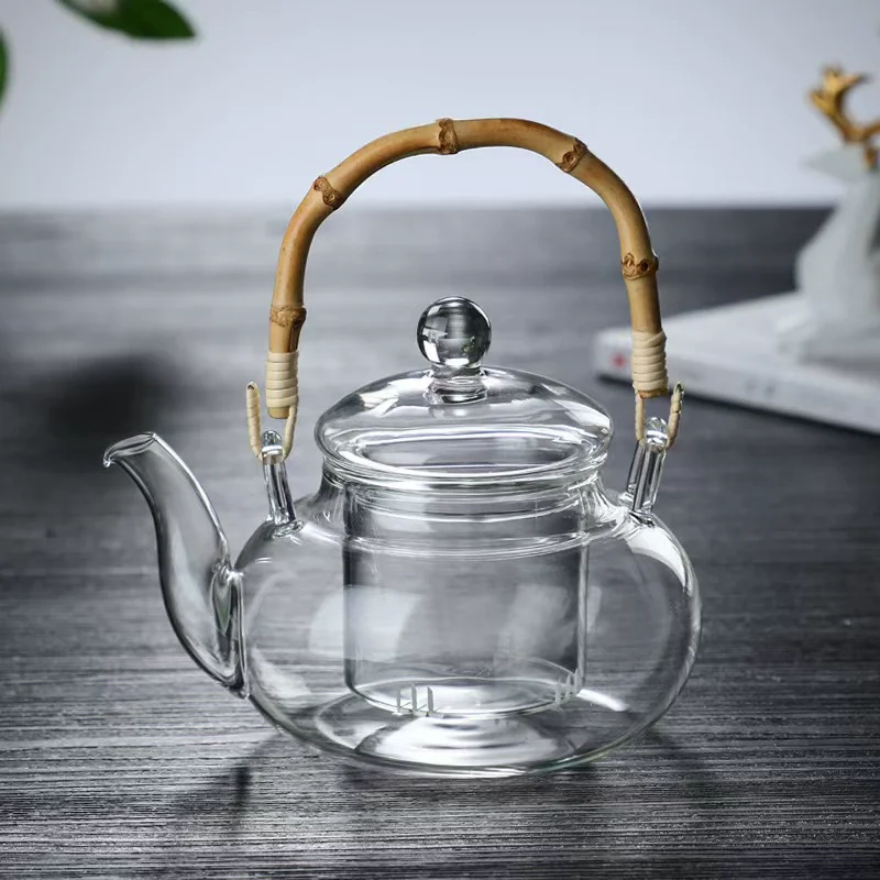 

600ML Borosilicate Glass Teapot With Bamboo Handle Household Convenient Heated Tea Kettle with Filter Kung Fu Flower Tea Pot