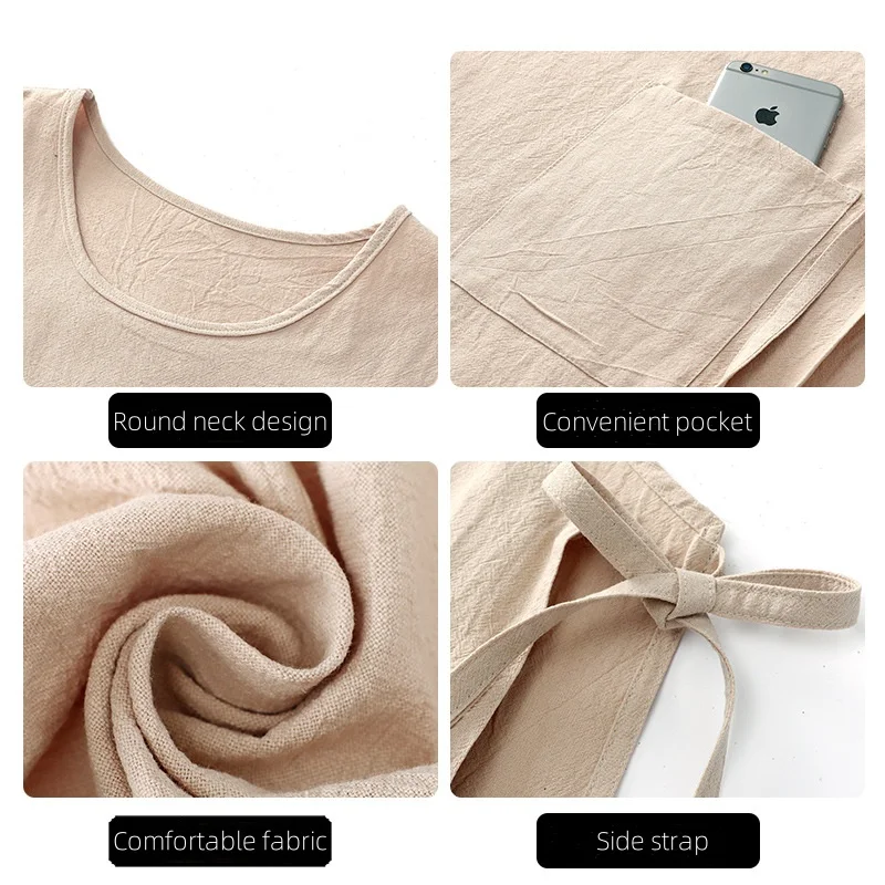 Round Neck Cotton Apron with Side Straps Home Cleaning and Stain Resistant Cover Two Pockets Suitable for Flower Shops