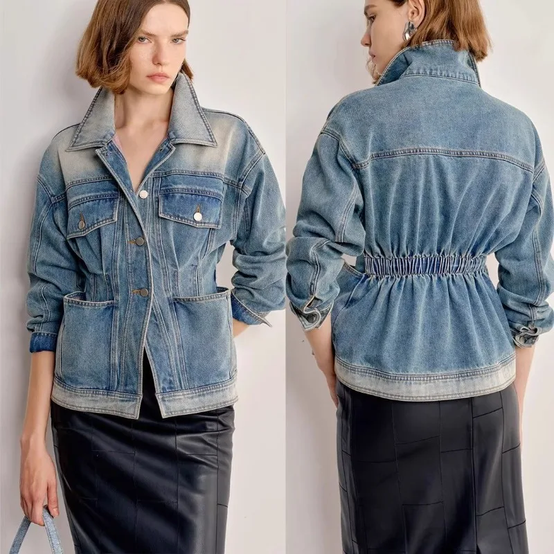 

Blouse Jacket Denim Women's Spring/Autumn Washed Lapel Retro Petite Relaxed Fit New Comfortable Fashionable Niche Versatile Chic