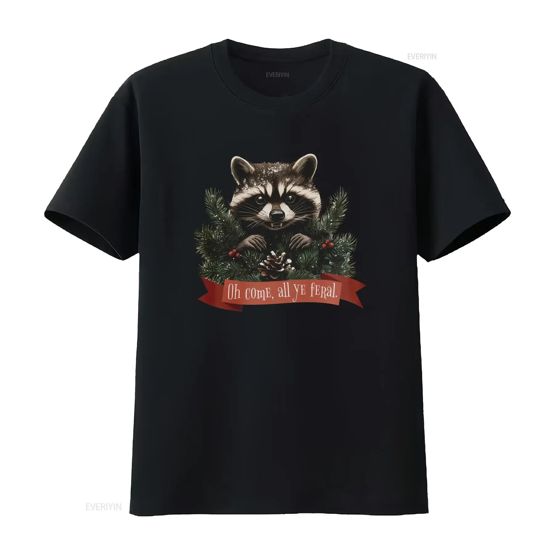 Festive Raccoon Christmas T Shirt Funny Xmas Apparel Women's Holiday Feral Animal Winter Top Unique Cozy Yule vintage Washed