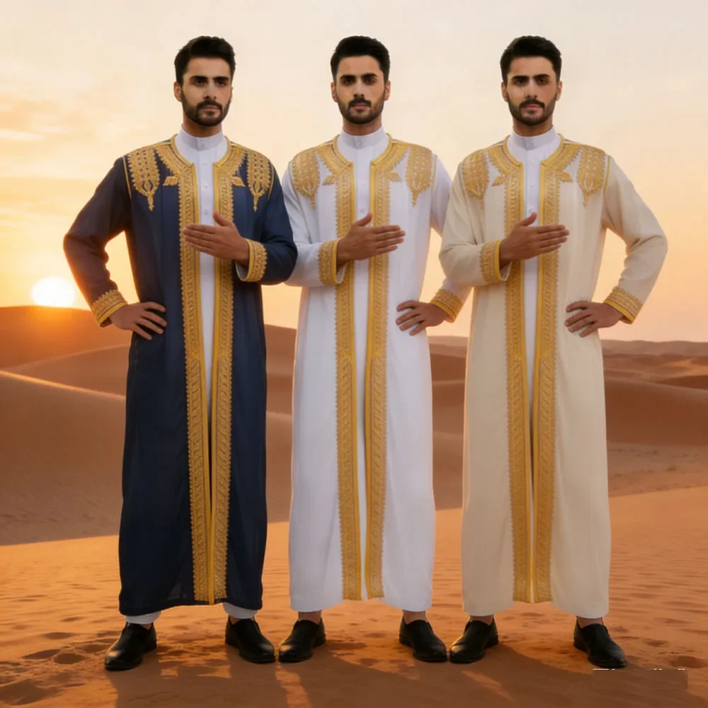 

Traditional Embroidered Arab Men's Robe Thobe Thoub Dishdasha Middle Eastern Ethnic Jubba Thobes Eid Djellaba Kimono Abaya Saudi
