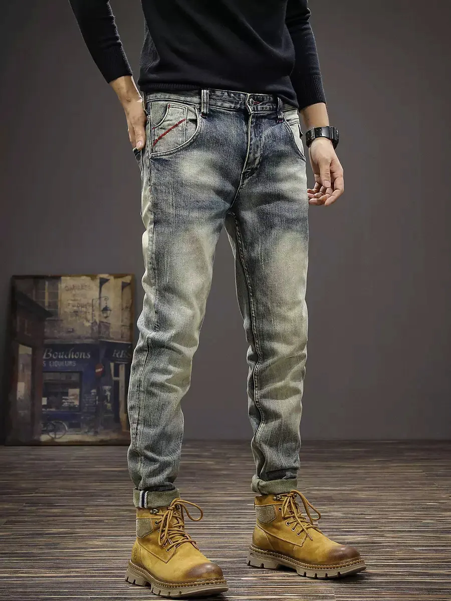 Fashion Designer Men Jeans Retro Washed Stretch Elastic Slim Fit Ripped Jeans Men Trousers Italian Vintage Denim Pants Hombre