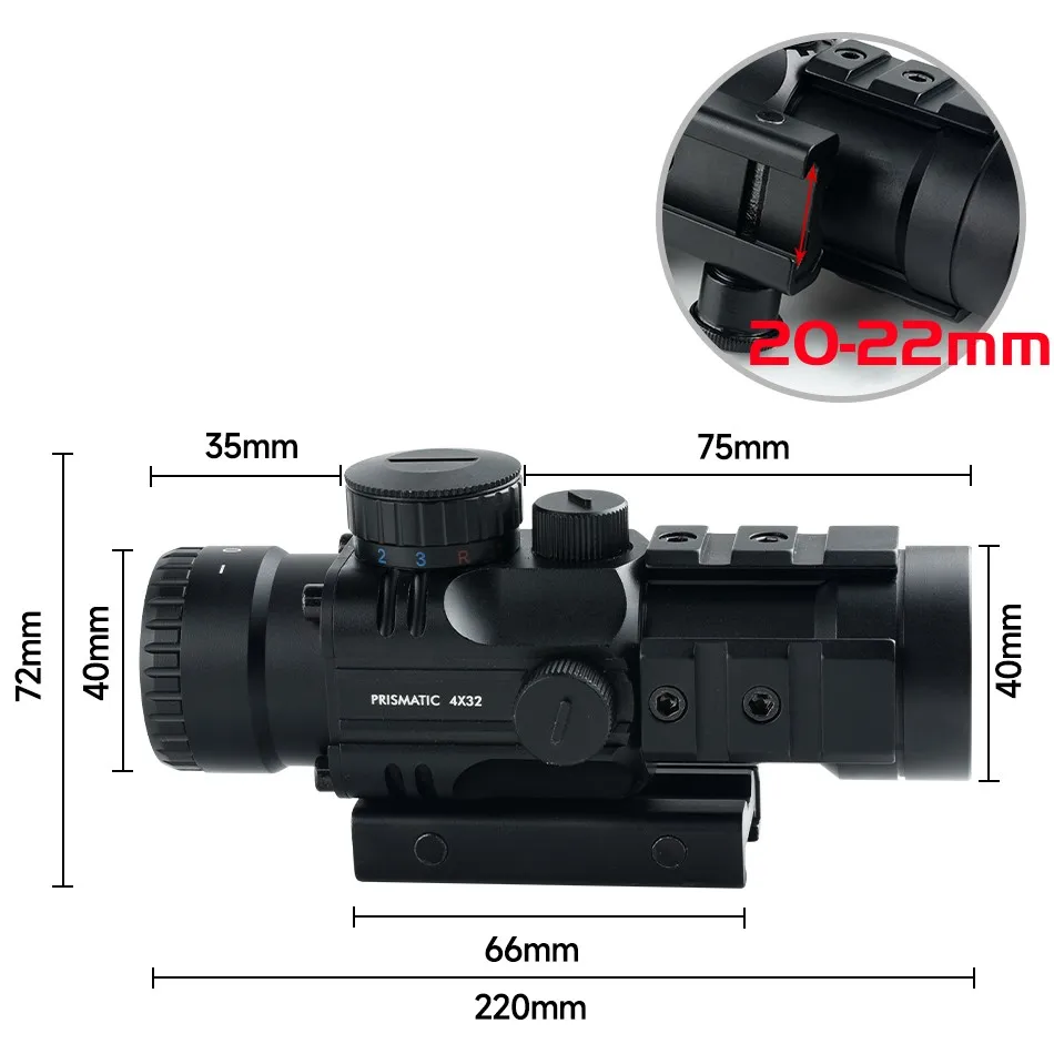 4x32 Scope with HD107R Optics Red Dot Illuminated Riflescope Glass Etched Reticle Tactical Sight 20-22MM Weaver/picatinny Rail