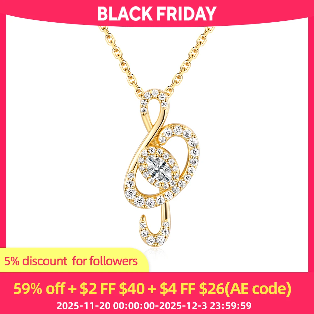

ANDH Sparkling Full Moissanite Musical Note Women's Necklace 925 Sterling Silver Dainty Singer Music Lovers Trendy Jewelry Gift