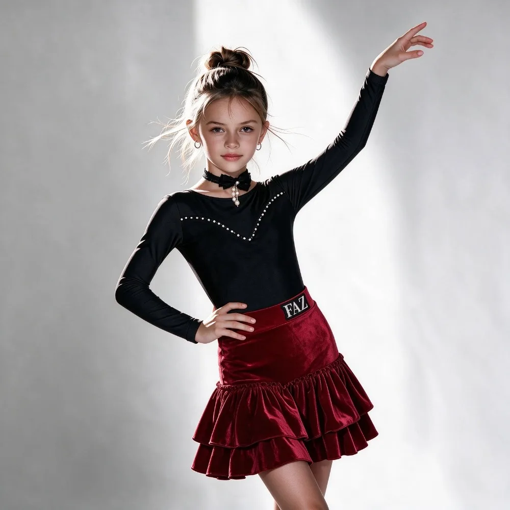 2027 Latin Dance Practice Outfits For Girls Black Tops Wine Red Skirts Outfits Rumba Chacha Tango Kids Ballroom Dancewear