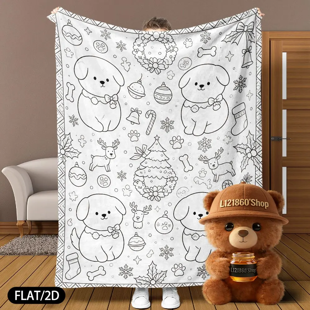 1pc DIY Coloring Round Throw Blanket, Cartoon Dog Christmas Line Art, Hand Painting Stress Relief, Home Decor Holiday Gift