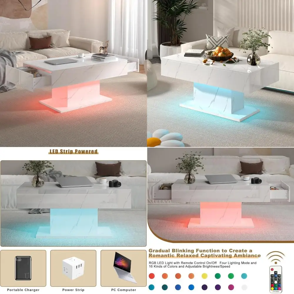 Modern Rectangular High Gloss White Marble LED Coffee Table with Storage Drawers for Living Room