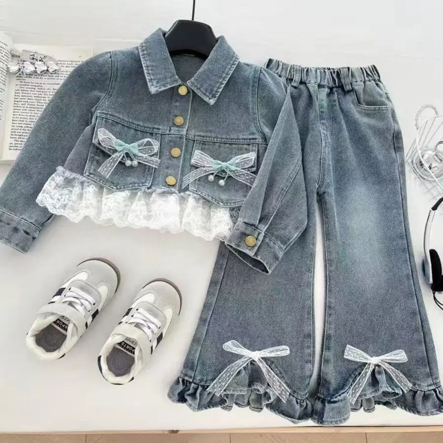 

Girls' Denim Suit Autumn New Korean Version Girls' Denim Top+lace Pants Cute Denim Two-piece Set 100-150CMCM