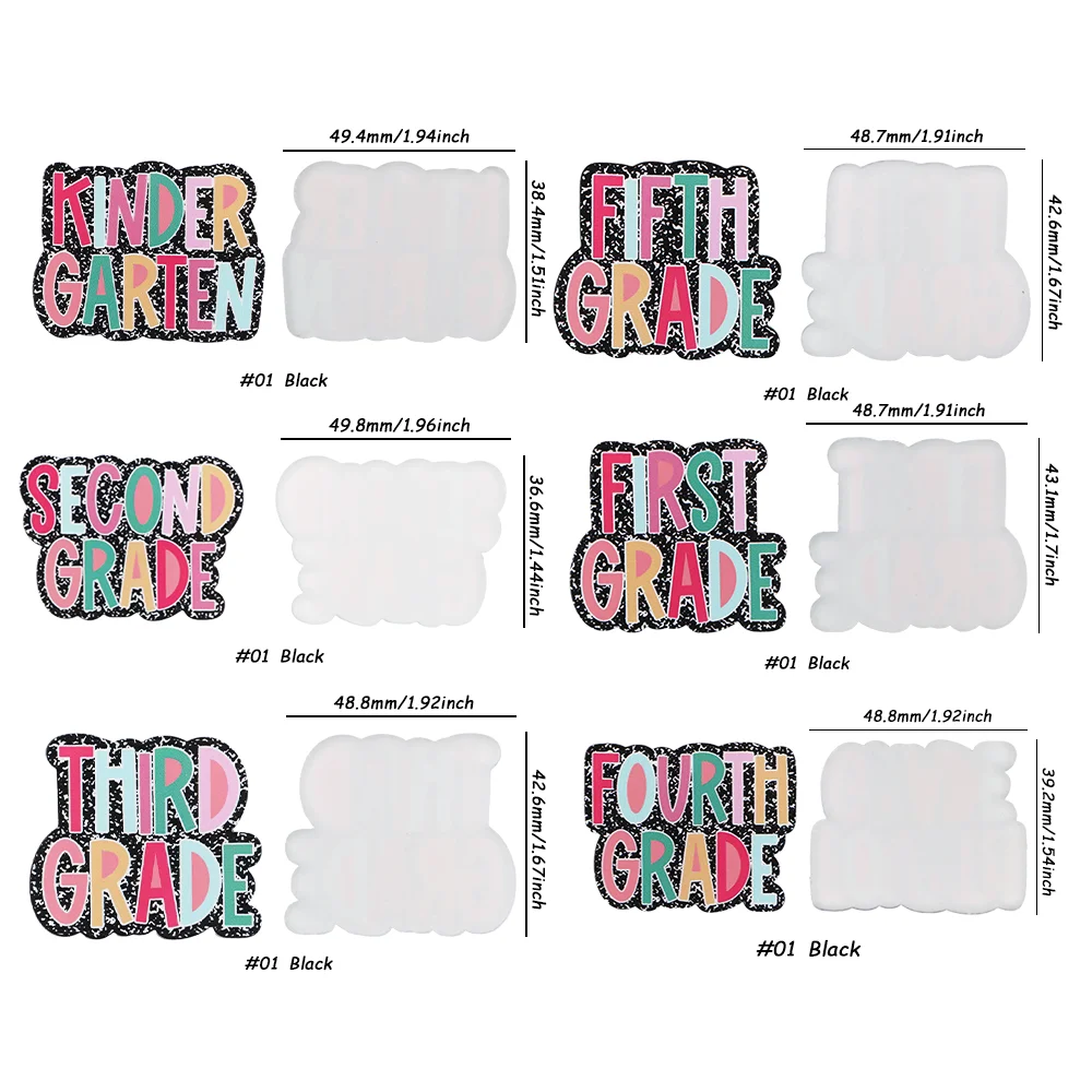 6PCS Text Acrylic Badge Flatback Planar Resins Primary School Grade Glitter For School Card Decoration Identity Recognition