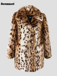 Nerazzurri Autumn Winter Colorful Leopard Print Thick Warm Hairy Faux Fur Coat Women Double Breasted Luxury Fluffy Jacket 2023