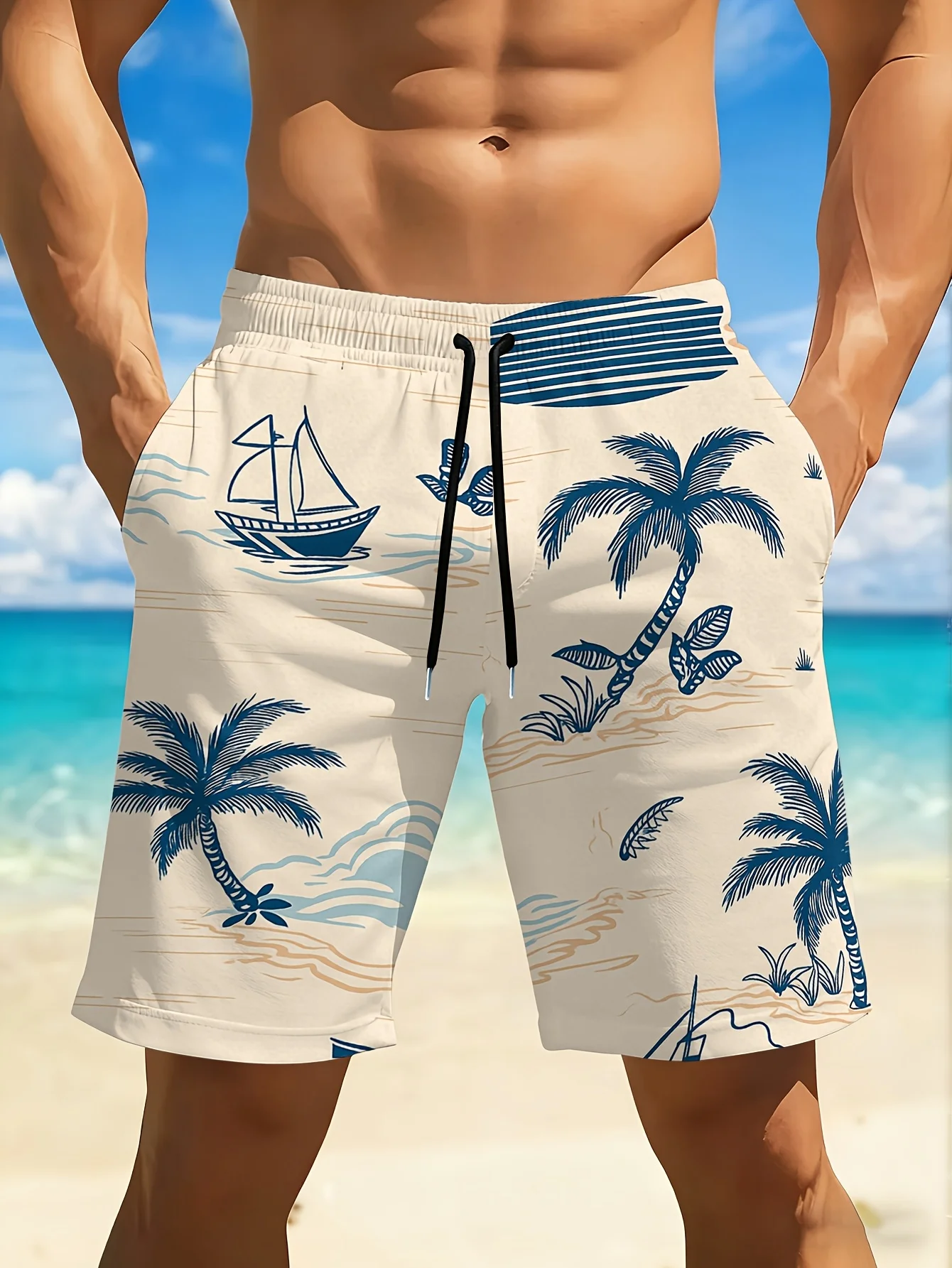 Men's Quick Dry Beach Shorts, Beige and Blue Nautical Palm & Sailboat Print Drawstring Board Shorts with Pockets