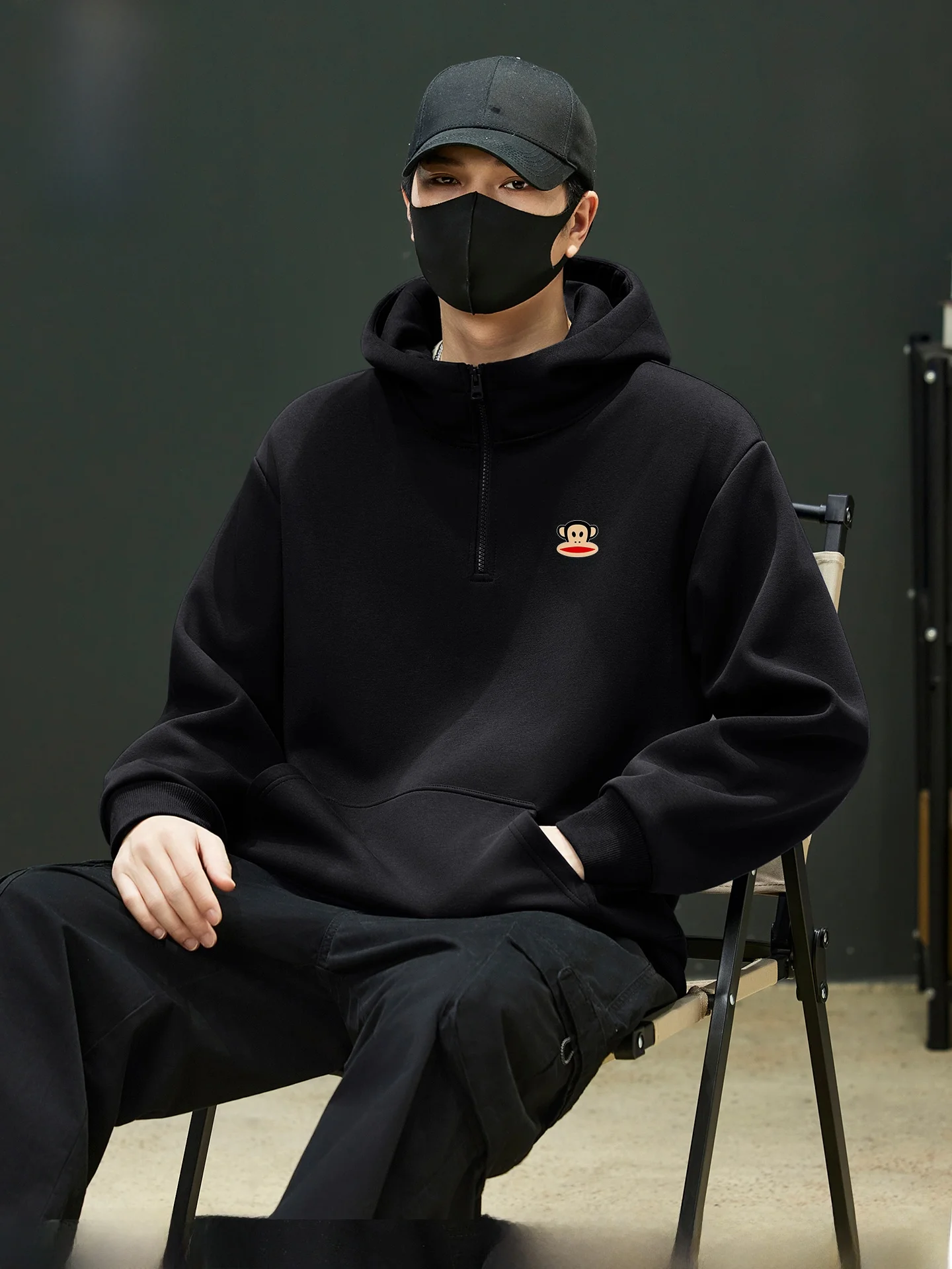 

Men's Fce Lined Hoodie Zipper f Zip Thermal Outerwear Casual Streetwear Winter Coat Large Mouth Monkey Design