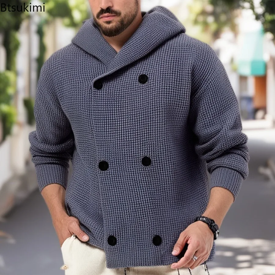 Nueva chaqueta cárdigan con capucha para hombre, diseño de doble botonadura, suéter tejido para otoño e invierno, abrigos, ropa de calle de ocio, sudaderas con capucha de punto para hombre
