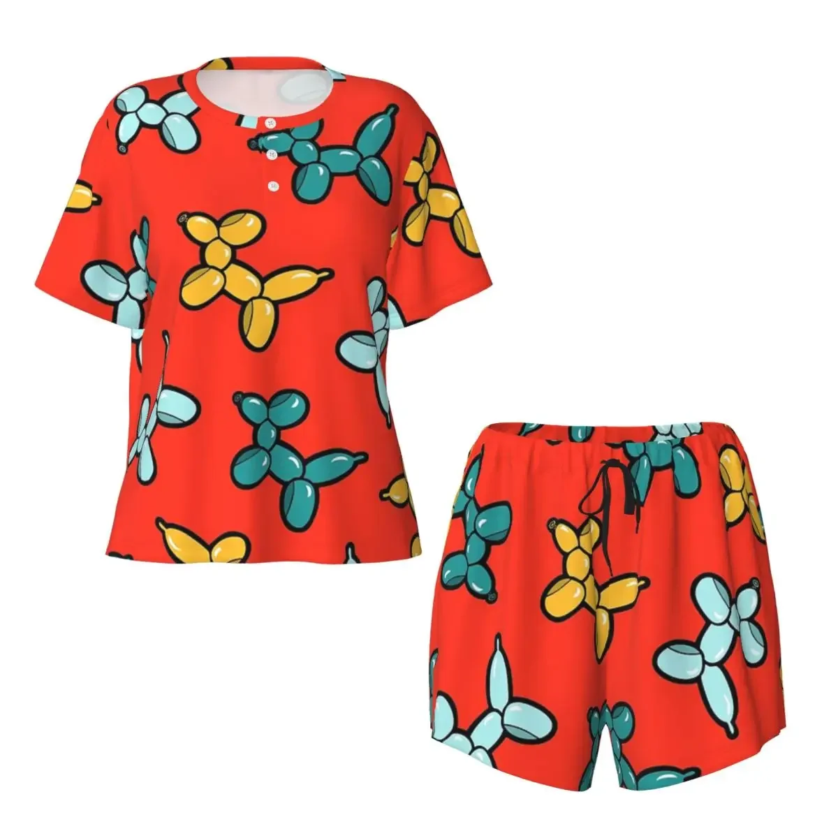 

Balloon Animal Dogs Pattern In Red Round Neck Short Sleeves Nightdress for Sleeping Women Soft Pajama Set Short Pants