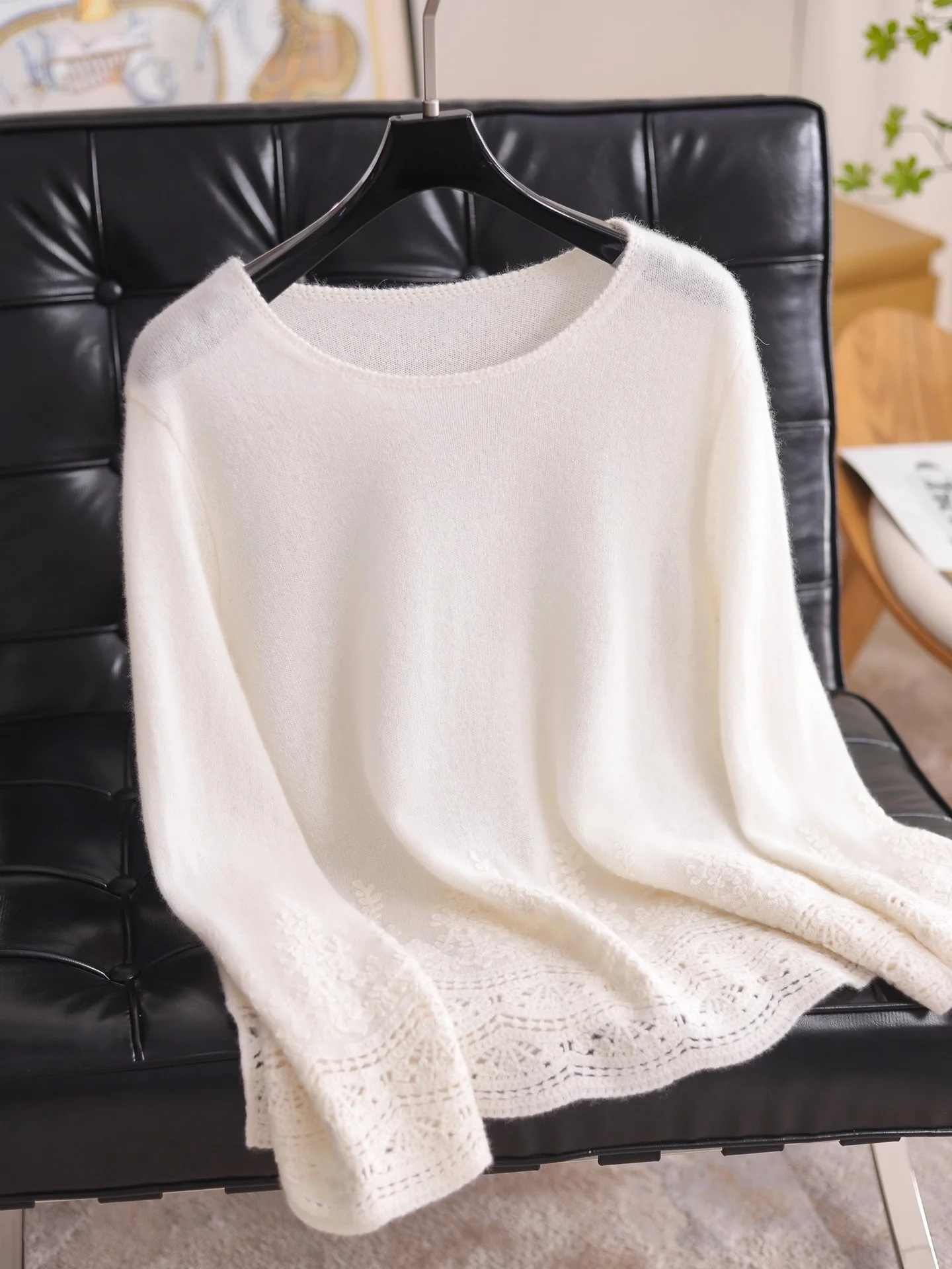 

100% Cashmere Lace Hook Flower Hollow out Short Knitted Sweater 3D Embossed Vine Artistic Design Women's Soft Long Sleeve Top