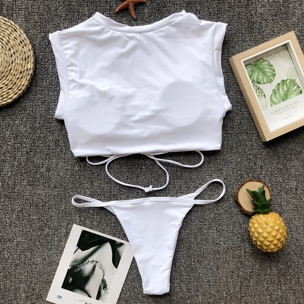 Sexy Two Piece Swimsuit Swimwear Women White Hollow Cross Straps Knotted Bathing Suit Beachwear Banadores Mujer Bikini Brasileno