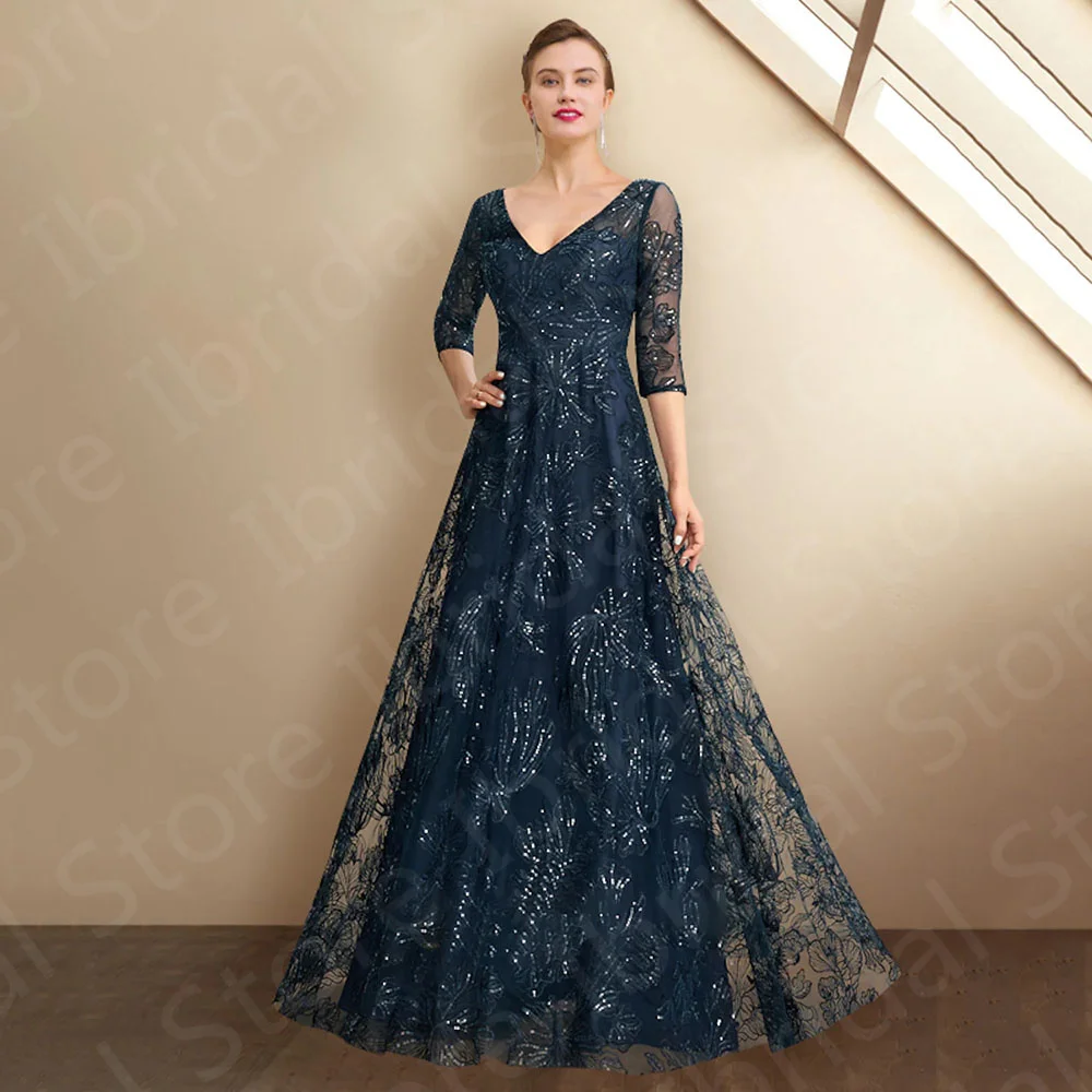 Charming 2023 Dark Navy Mother of the Bride Gowns Lace  Dresses V Neckline 3/4 Sleeve Sequin Wedding Party  Back Out