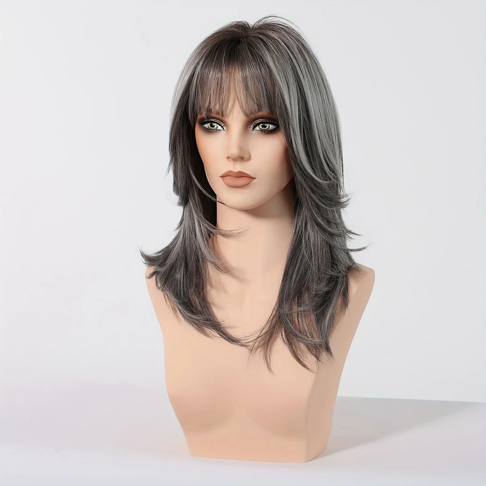 Dark Gray Silver Highlight Medium Layered Synthetic Wig