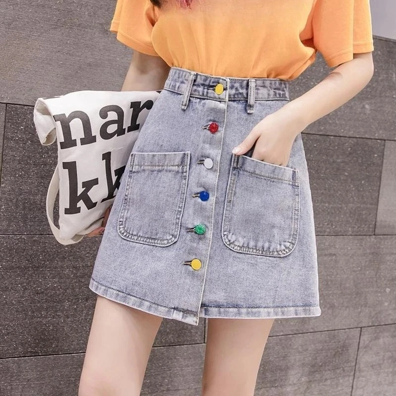 

​ Женская джинсовая мини-юбка весна-лето 2026: Новинка, высокая талия, шикарный А-силуэт, облегающая, стройнящая, в гонконгском стиле, трендовая ​