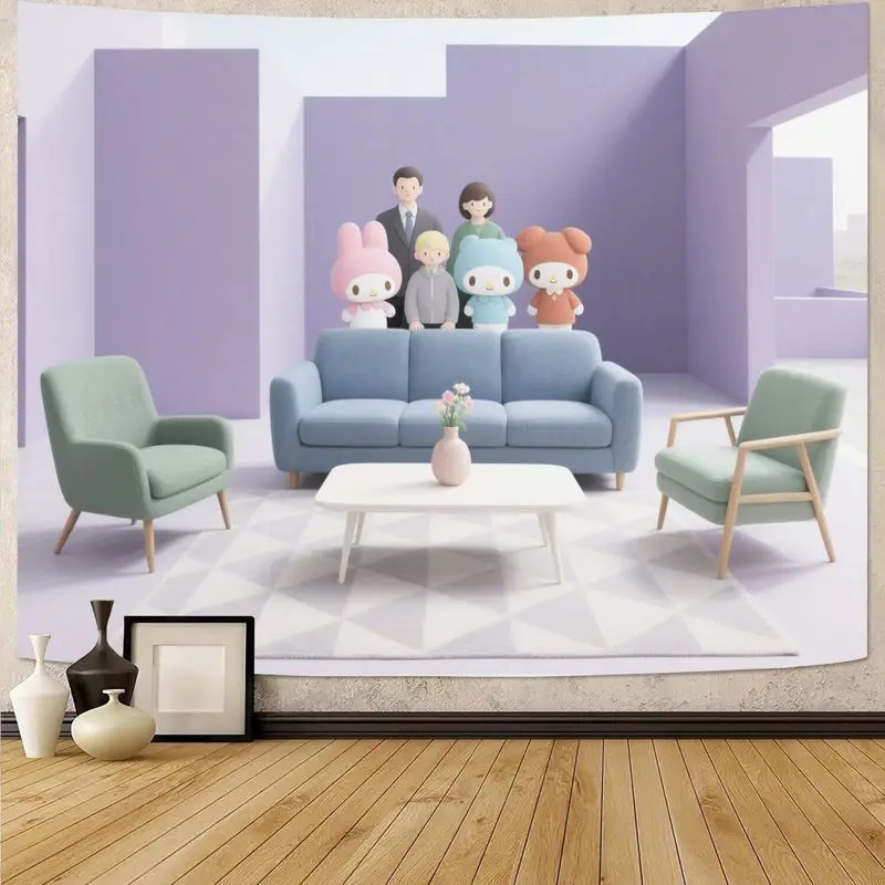 

1 шт., современный гобелен My Melody Cinnamoroll Kawaii Family, пастельно-фиолетовый эстетический настенный художественный декор, подарок для домашнего общежития.