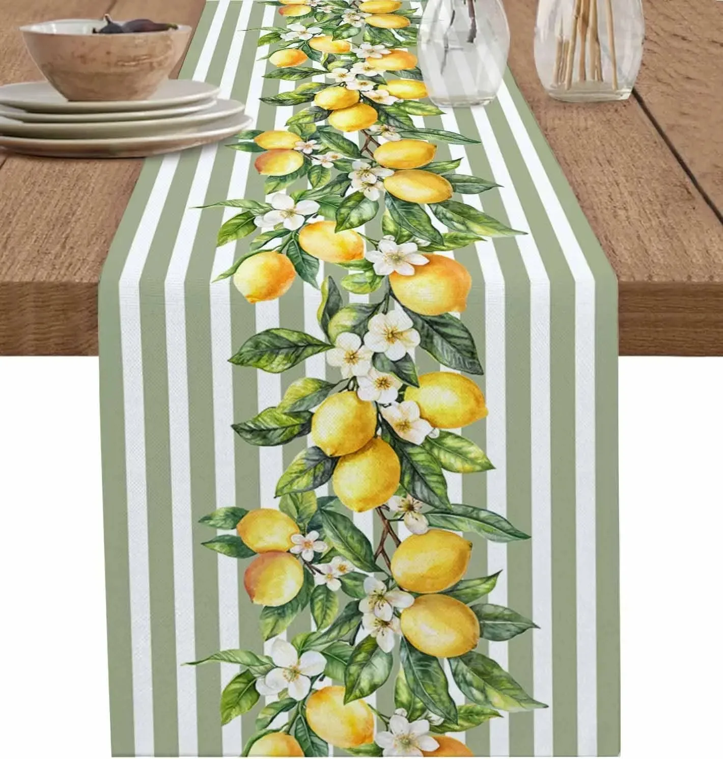 Watercolor Lemon Floral Table Runner, Green White Vertical Stripe Design, Fresh Farmhouse Style for Spring Summer Home Table Dec