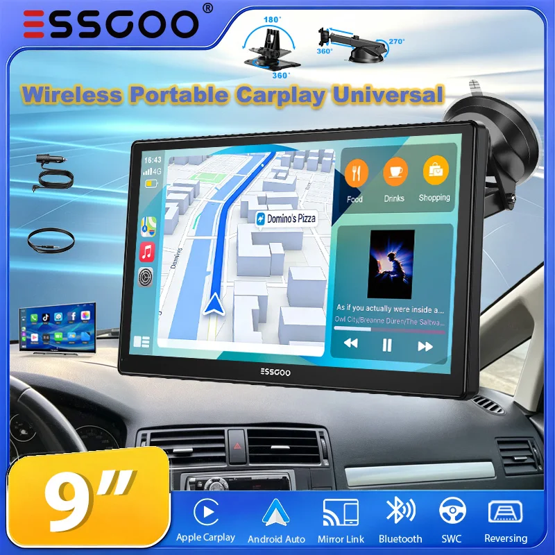 ESSGOO 9' Autoradio Universal Tragbar Carplay IPS Touchscreen für LKWs Kabelloses Carplay Android Auto Mirror Link AUX FM USB Bluetooth Lenkradsteuerung Touchscreen Rückfahrkamera Optional