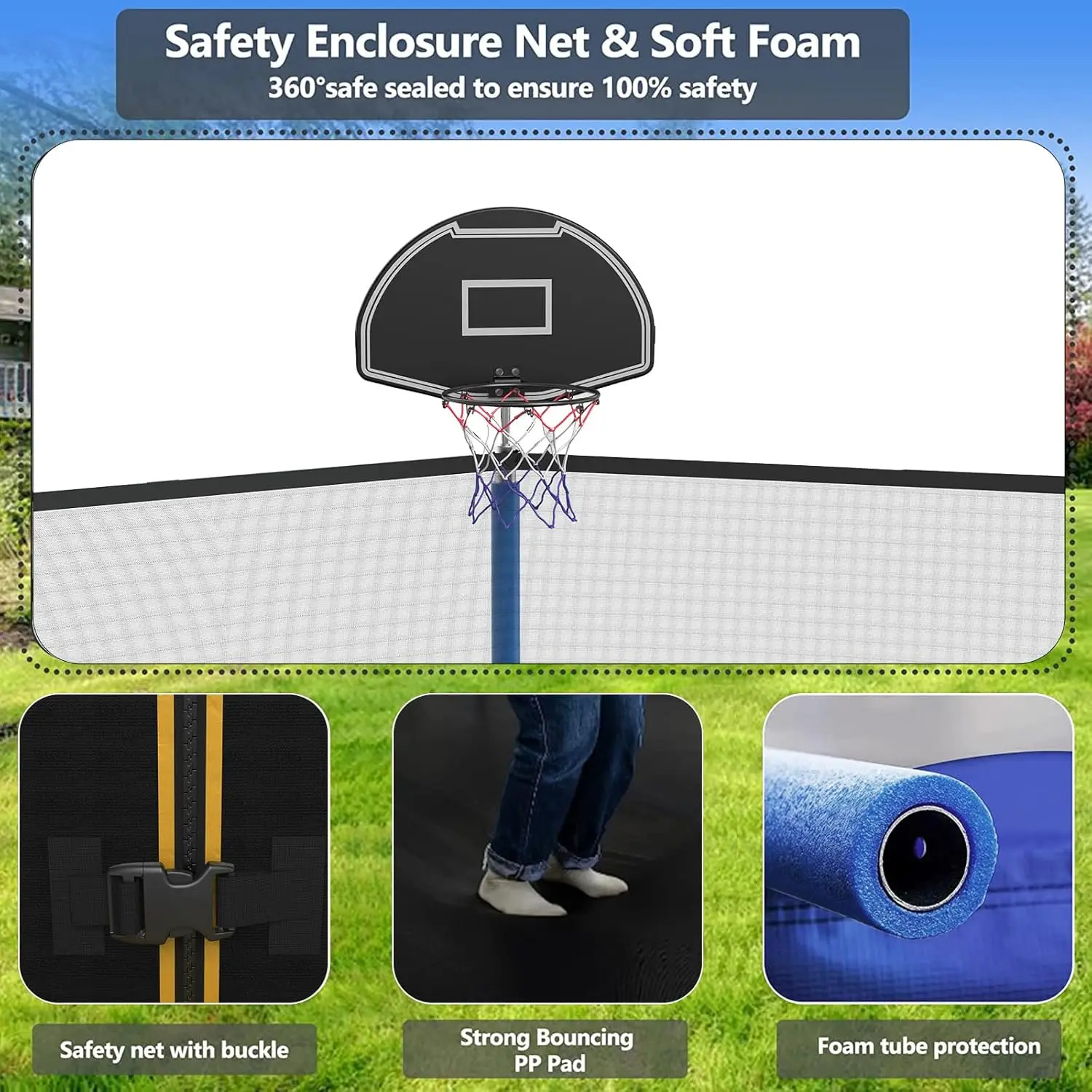 Trampoline Outdoor, Large Kids Trampoline with Light, Stakes, Sprinkler, Backyard Trampoline with Bask