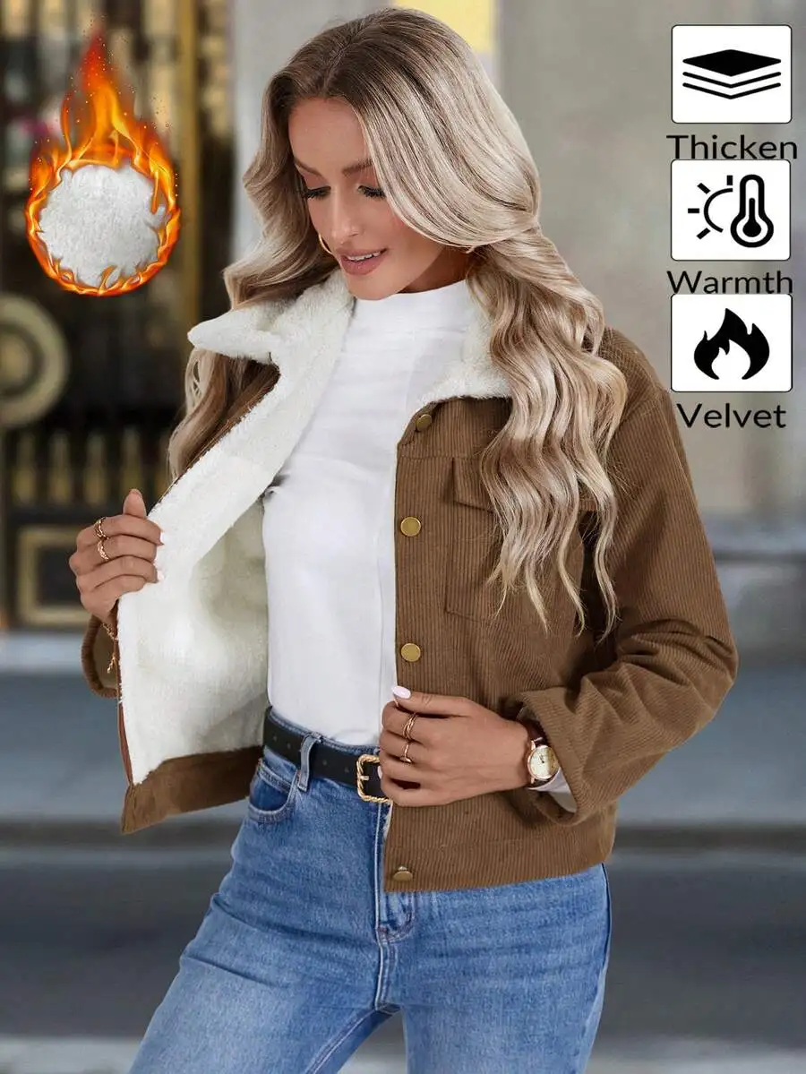 

Women's Corduroy Jacket with Fleece Lining, Button Front, Warm Winter Casual Coat