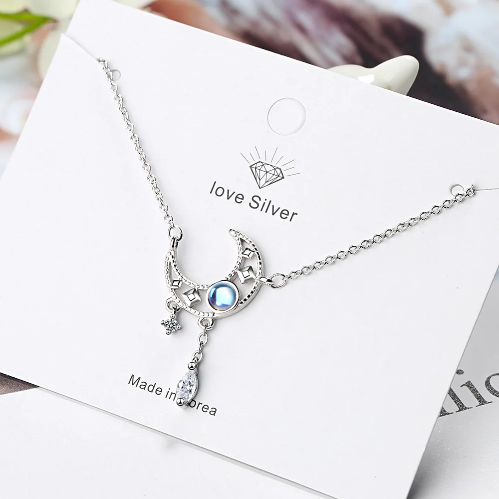 Female Moon Crystal Necklaces Pendant 925 Sterling Silver Aesthetic Fashion Chain Vintage Luxury Quality Jewelry for women