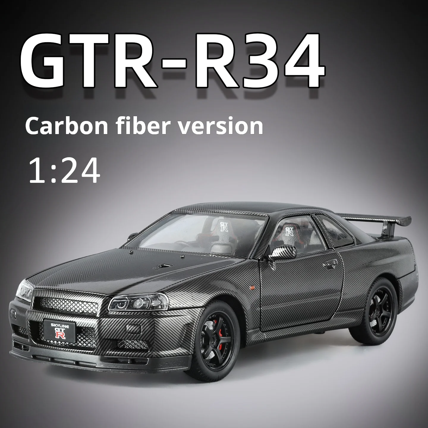 

1:24 GTR-34 Carbon Fiber Version Rear-Mounted Physical Drive Four-Door Openable Alloy Material Boy's Birthday Gift