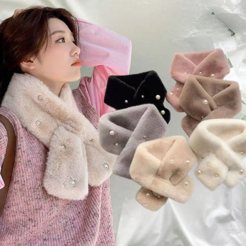 

Winter Plush Pearl Cross Scarf Solid Color Cute Furry Thick Fluffy Soft Neck Warmer Outdoor Skiing Hiking Windproof Neckerchief