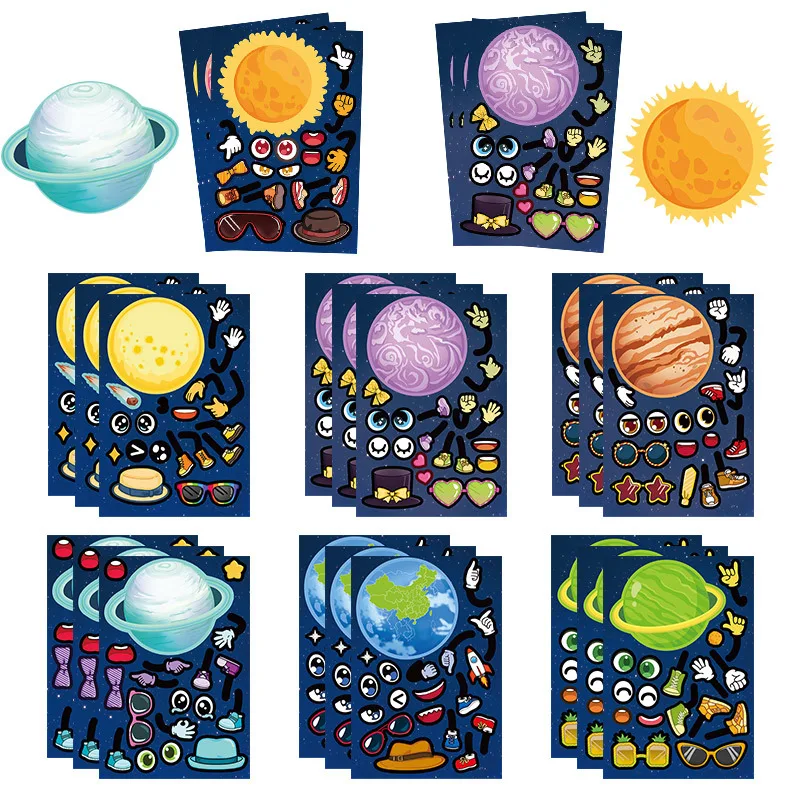 

8/16Sheets Cartoon Space Planet Puzzle Stickers Make a Face Decals Toys Kids DIY Jigsaw Assemble Games Party Decoration Toy Gift