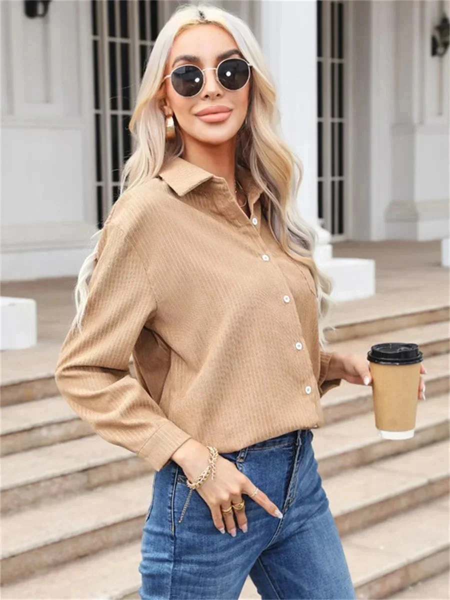 Women Spring Autumn Style corduroy Blouses Shirts Lady Casual Long Sleeve Turn-down Collar Khaki Blusas Tops