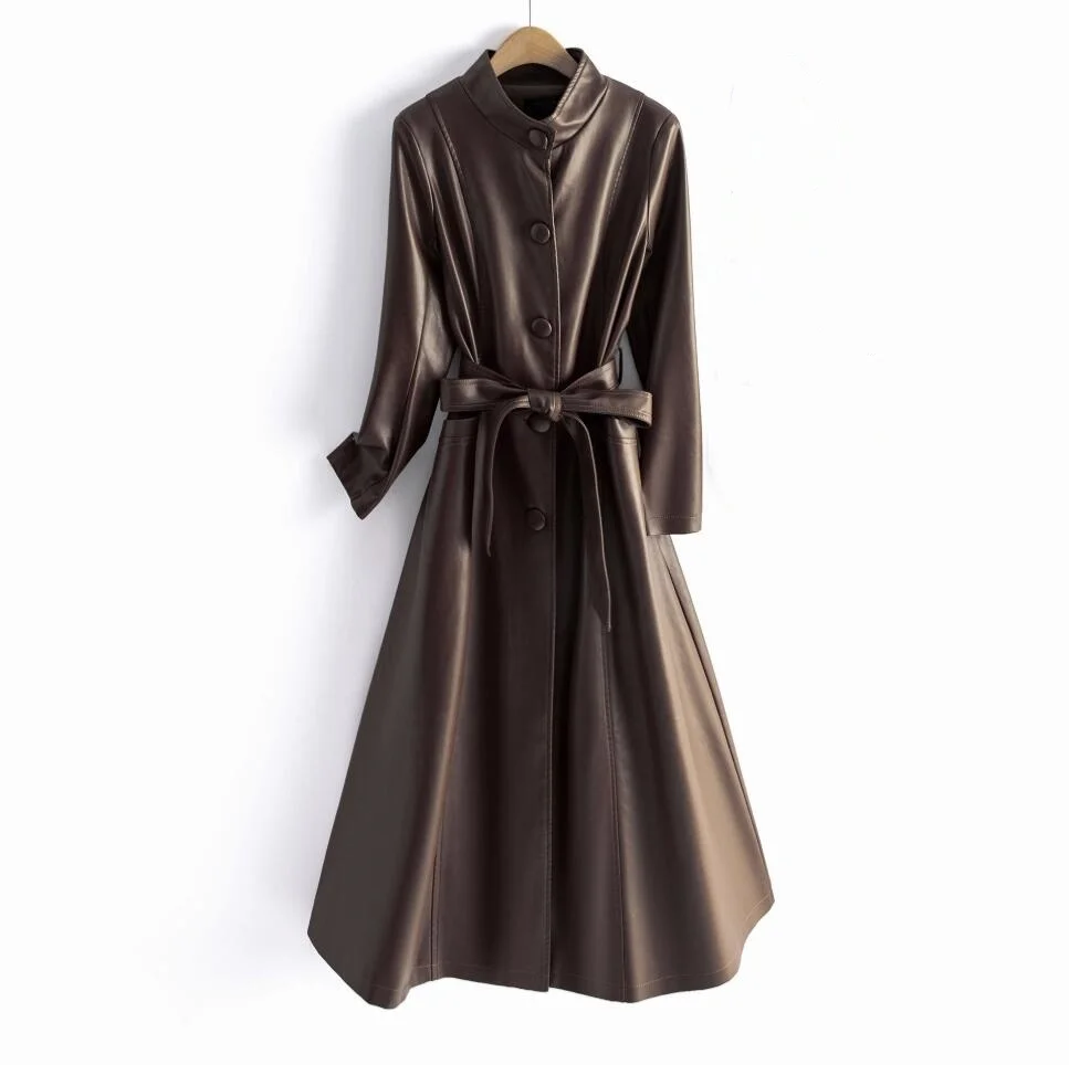 Nuevo gabardina de cuero para mujer, moda informal, cuello redondo, botonadura única, Tops ajustados de PU, abrigo largo, prendas de vestir exteriores, Coa de cuero