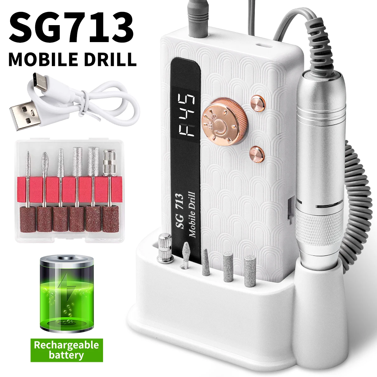 35000/45000 RPM Oplaadbare Nagelboormachine Professionele Draagbare Elektrische Manicure Bestand voor Nagels Gel Polish Verwijderen Slijpen