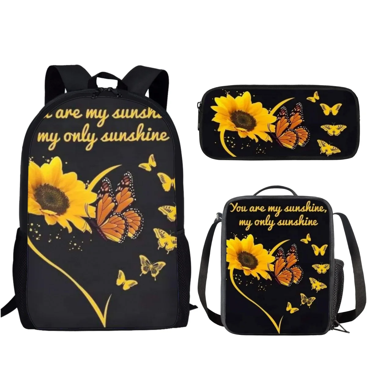 

Gold Butterflies and Sunflower Zipper Design Large Capacity Backpack for Girls Boys Large Capacity Teenage Kids School Bag Set