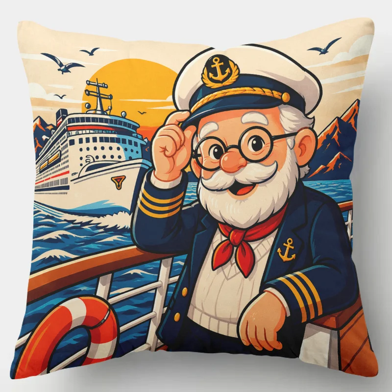 Cute Captain Pillow Case, Nautical Sailor Art Cushion Cover, Ocean Cruise Decor, Maritime Style Home Textile Gift for Sea Lovers
