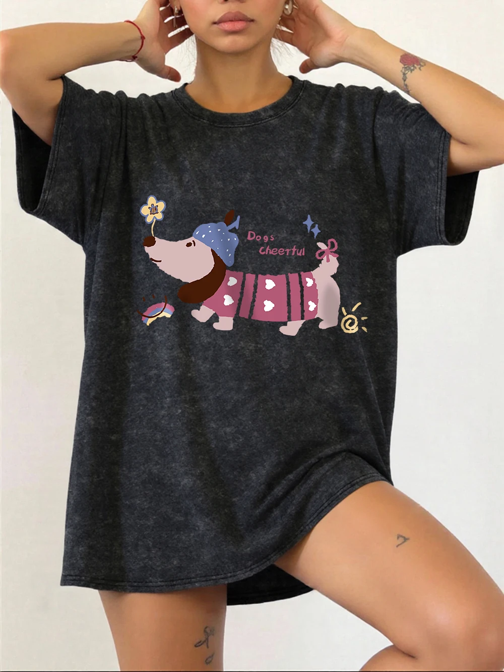 

Dogs Cheerful Printed Washed T-Shirts Womens Cotton Oversized T Shirt Summer Comfortable Short Sleeve Tops Street O-Neck Clothes