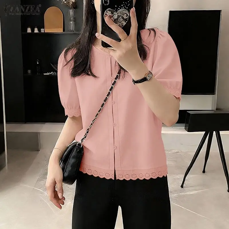 

2026 ZANZEA Summer Lace Crochet Shirt Women Blouse Stylish Short Puff Sleeve Cropped Tops Female Elegant OL Work Blusas Mujer