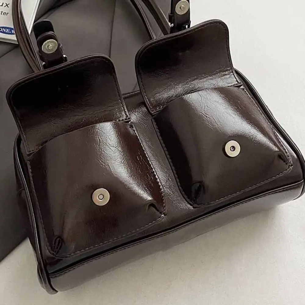 

Korean Style PU Bowling Bag Solid Color Handbag Pocket Boston Tote Bag French Style Minority Design Underarm Bag Travel