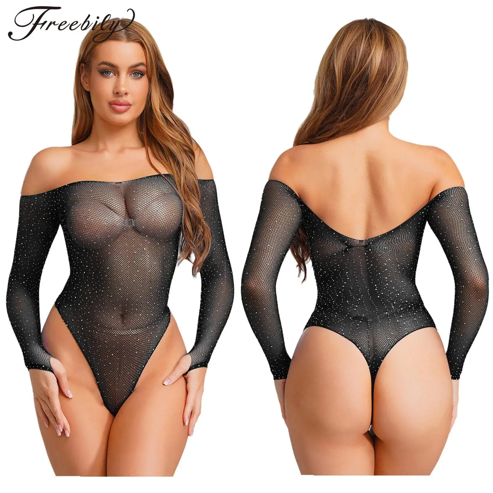 

Women Sexy Sheer Fishnet Shiny Rhinestone Bodysuit Off Shoulder Long Sleeve Stretchy Leotard Bikini Swimwear Cover Up Nightwear